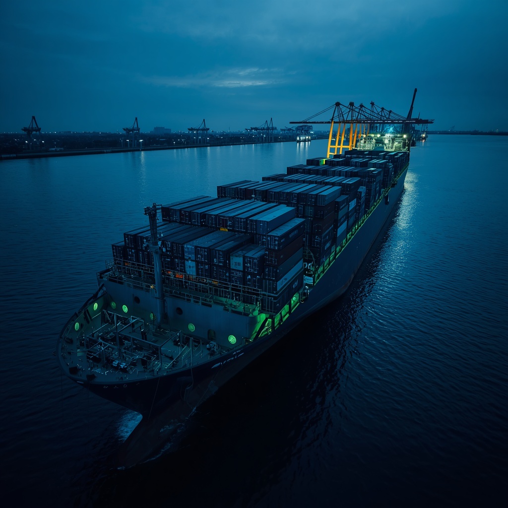 Container ship leaving a Chinese port stacked with import containers