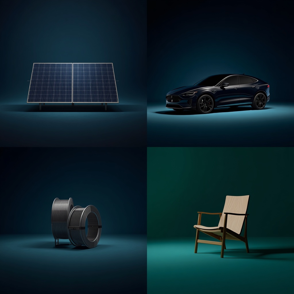 A split scene of solar panels, an electric vehicle, steel coils, and furniture being unloaded at a US port
